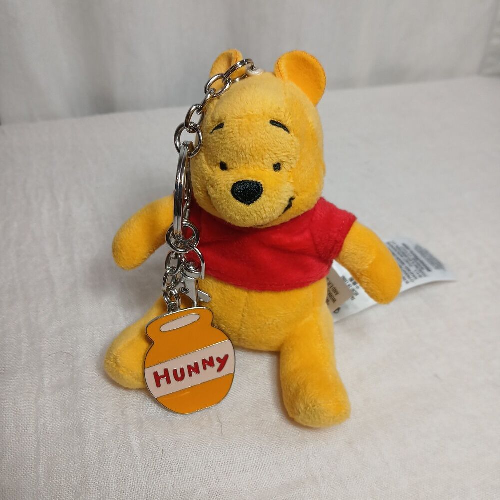 Disney Parks Winnie The Pooh Plush Bag Charm Keychain w/Hunny Charm 4.5"